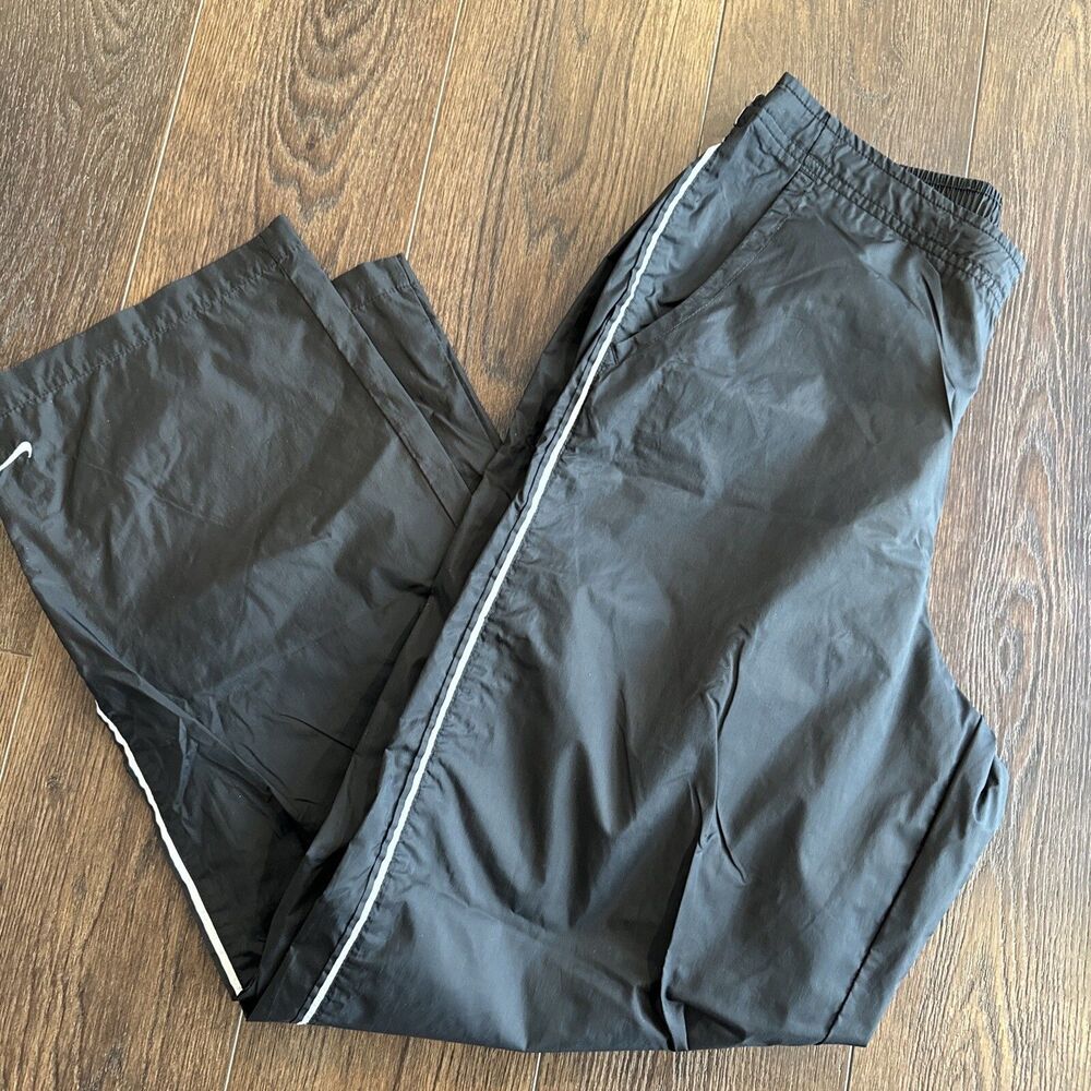 VTG Y2K Womens Nylon Warm Up Black Track Pants; Wooshy Light Baggy; Size L 12-14